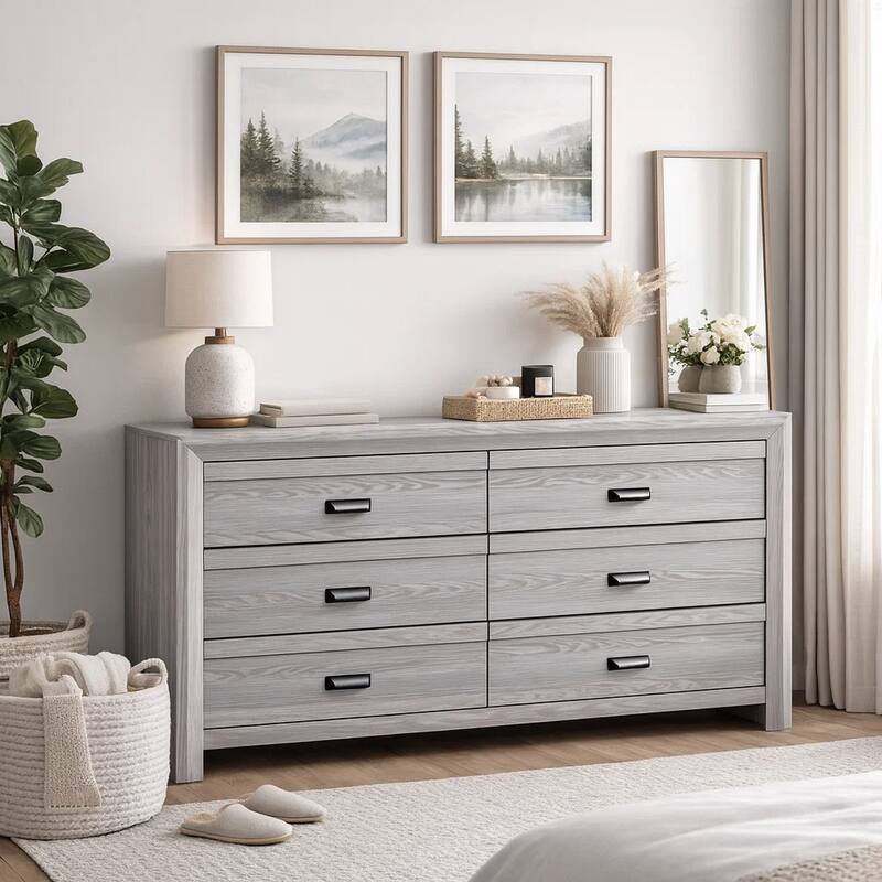 Laide Wide Dresser with 6 Drawers, Cup Handles, Gray Driftwood Veneer