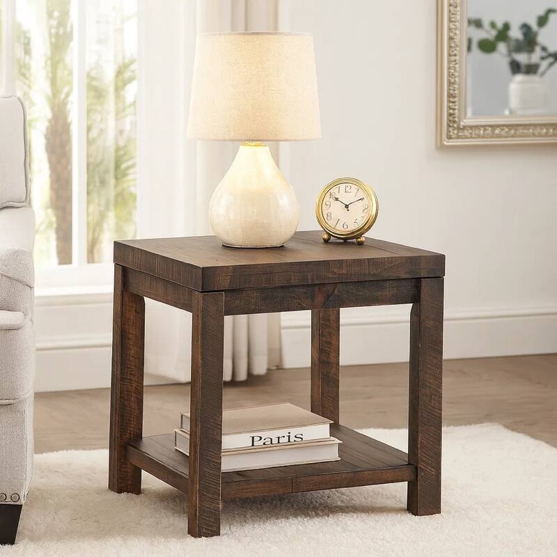 Wooden End Table with One Shelf, Taupe Brown