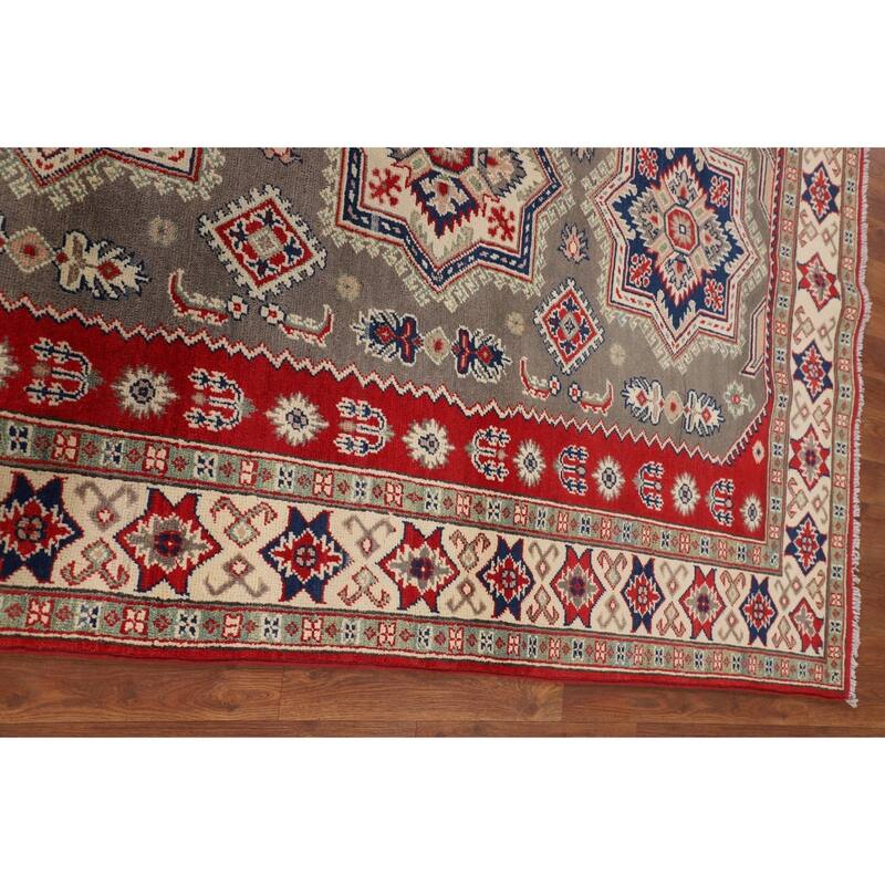 Geometric Kazak Oriental Area Rug Handmade Grey Wool Carpet - 5'0" x 6'6"