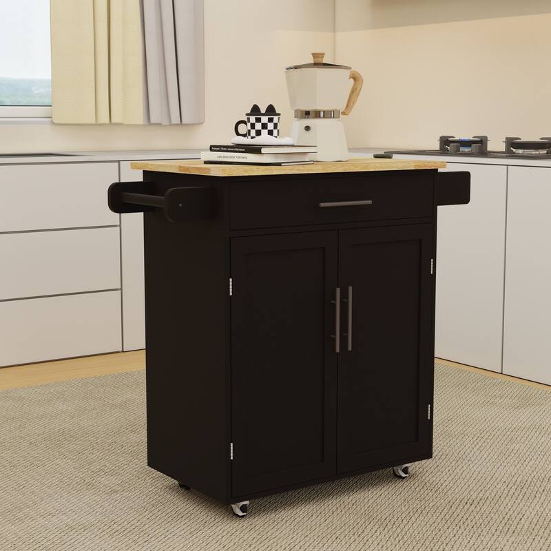 Mobile Kitchen Cart with Rubber Wood Tabletop, Adjustable Storage, and Towel & Seasoning Racks