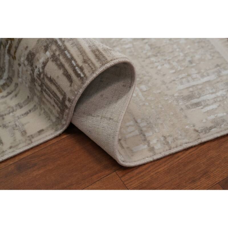 Machine Made Oriental Polyester Carpet Abstract Beige & Ivories Distressed Area Rug - 7' 5'' X 5' 2''