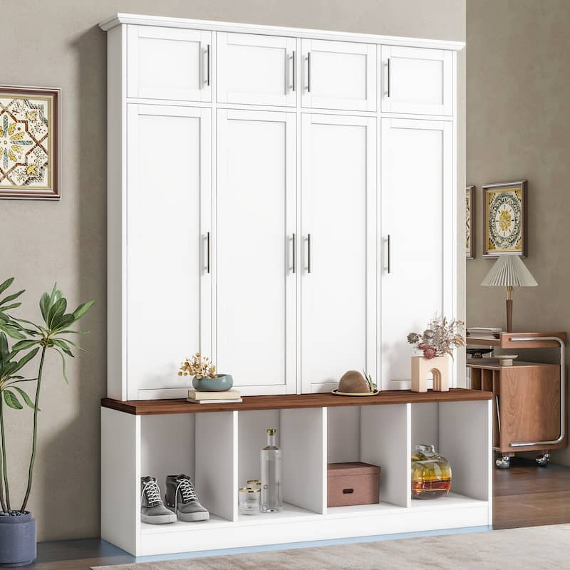 Hall Tree Storage Cabinet with 4 Hidden Hooks, Bench, and Open Compartments - White