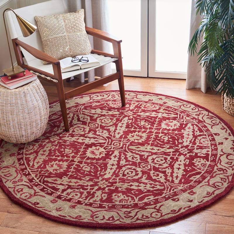 SAFAVIEH Handmade Anatolia Doro Traditional Oriental Hand-spun Wool Rug - 6' Round - Red/Ivory