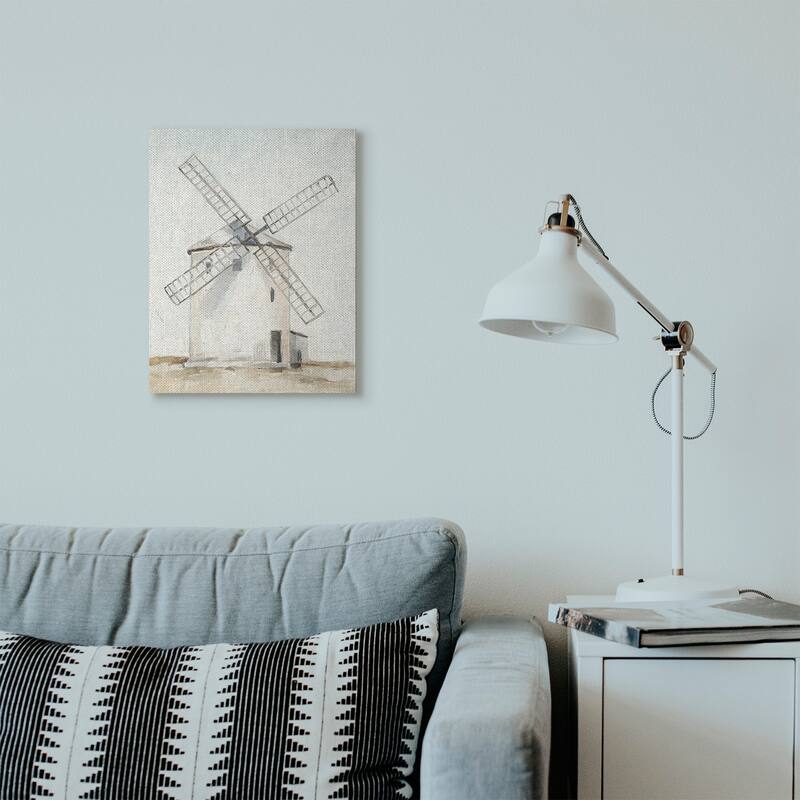 Stupell Windmill Farm Landscape Neutral Blue Brown Painting Canvas Wall Art