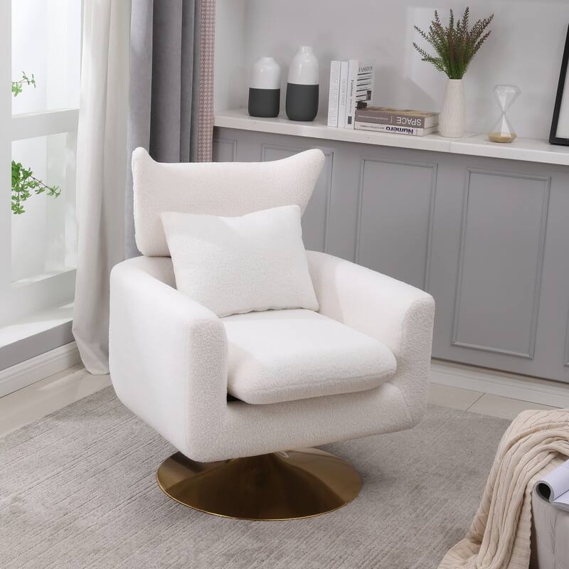 Swivel Accent Chair with Pillow Wide Upholstered & Gold Base, Modern Barrel Chair, 360-degree Swivel Sofa Chair for Living Room - White