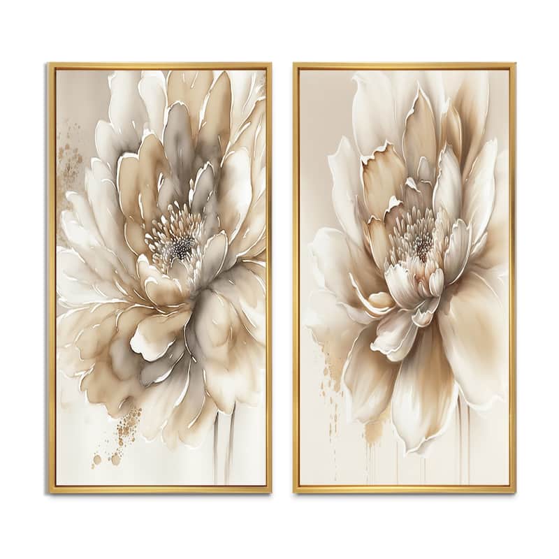 Designart "Single Beige Flower" Floral Framed Wall Art Set Of 2 - Beige Canvas Set For Living Room Decor