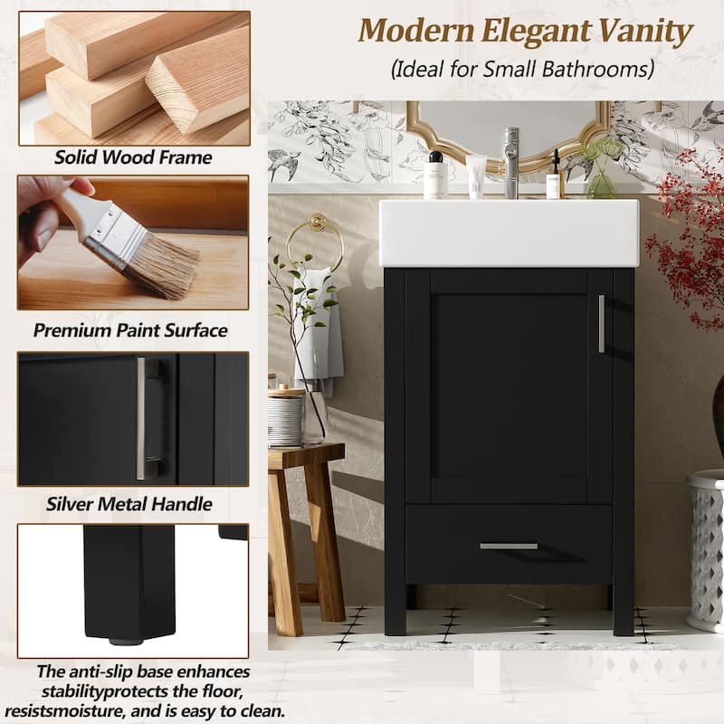Small Bathroom Vanity 20 Inch with Sink, Solid Wood Cabinet, 1 Drawer 1 Door Storage, Freestanding, Modern Design