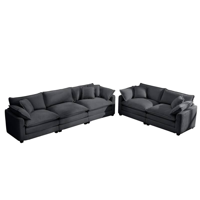 Corduroy Fabric Deep Seat Sofas Set with Throw Pillows, 3+2 Seater Flexible Combinations Sofa with Removable Armrests