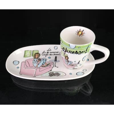 La fin de semaine cafe du bien Espresso 80cc Cup and Saucer Set of 2