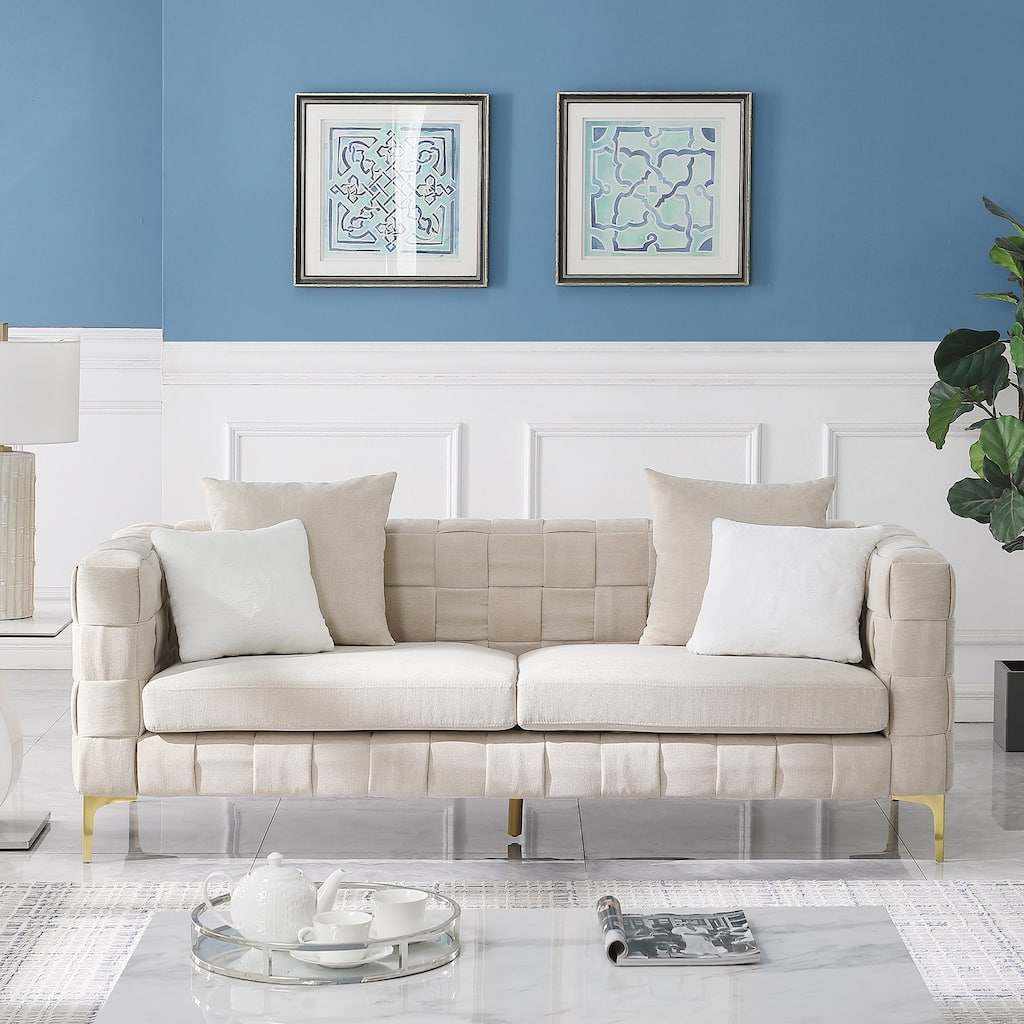 Handcrafted Weave Sofa Snowflake Velvet Accent Sofa, New Concept Living Room Sofa with 4pc Square Accent Pillows