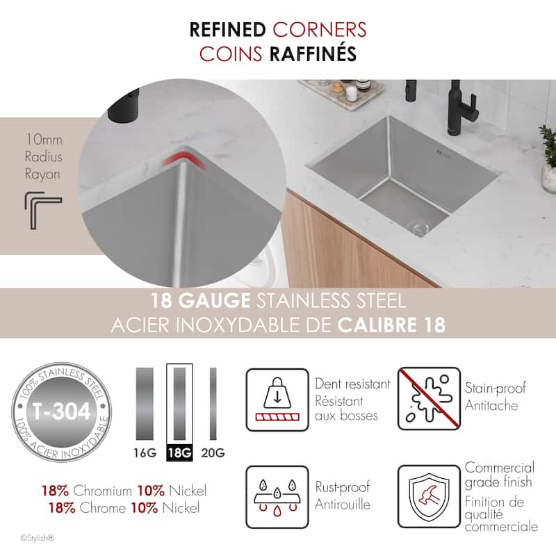 STYLISH 22 inch L x 18 inch W Stainless Steel Single Basin Dual Mount Laundry Sink with Strainer - 22" x 18" x 12"