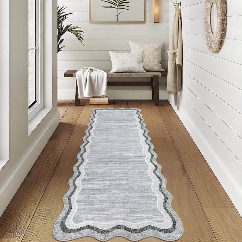 Washable Rugs for Living Room Scalloped Rug Modern Non Slip Non Shedding Carpet for Bedroom - 2'x6' - Gray