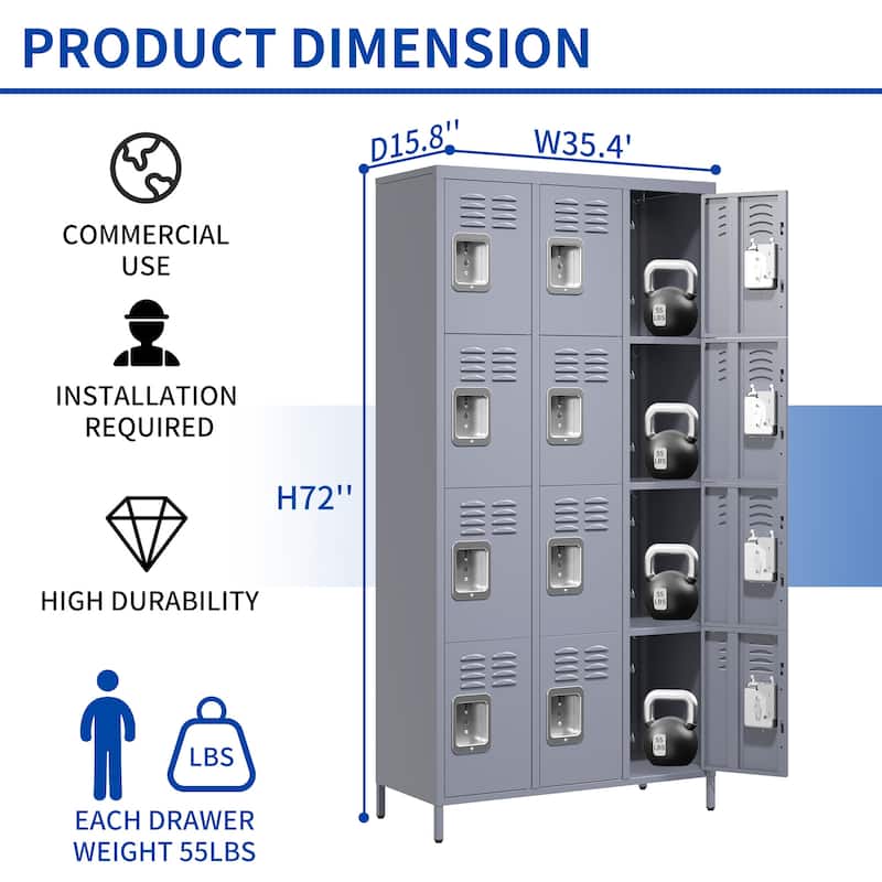 72"H Metal Lockers With 12 Door,Storage Cabinet With Lock for Employees,School,Gym