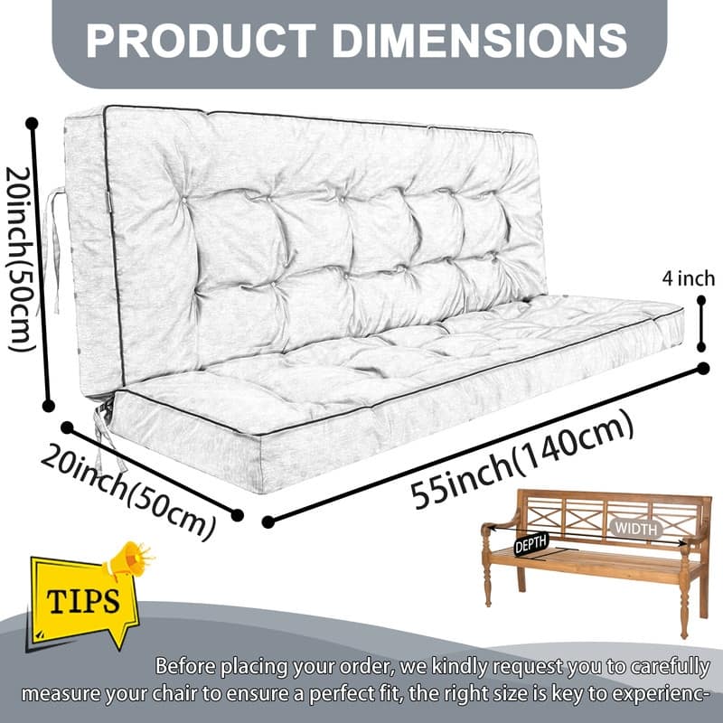 Outdoor Swing Cushions 55 inch, Waterproof Porch Swing Cushions 3 Seater Replacement with Backrest, 4" Thicken Bench Cushion