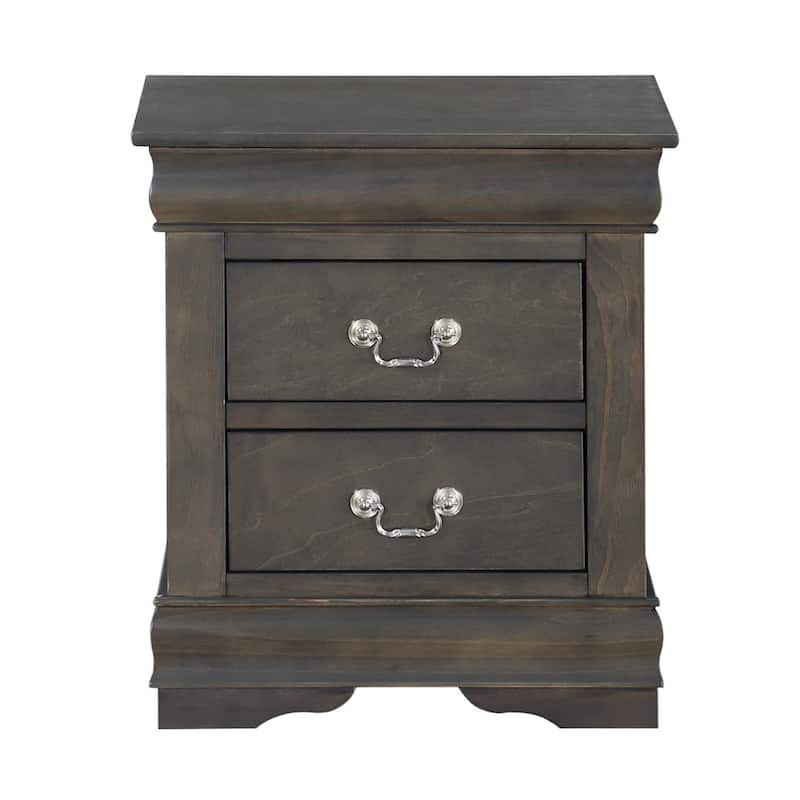 Traditional Style Wooden Nightstand with Two Drawers and Metal Handles, Dark Gray