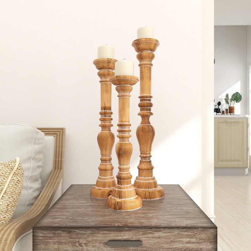 Brown Mango Wood Handmade Candle Holder with Turned Style (Set of 3)