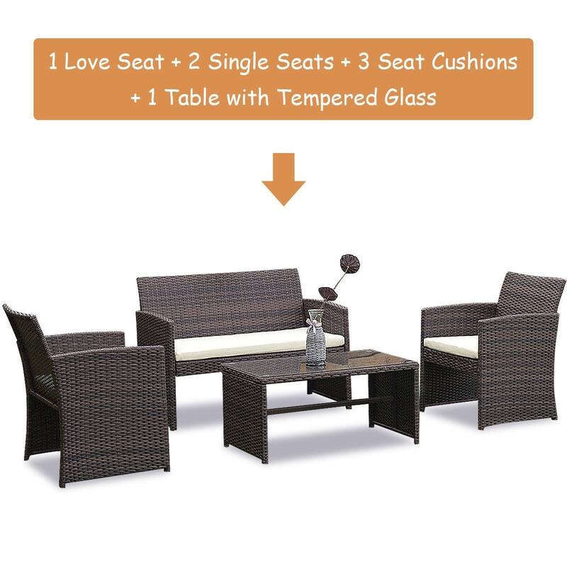 Complete 4-Piece Outdoor Patio Rattan Wicker Furniture Ensemble - 43.5" x 25.5" x 31.0" (L x W x H)