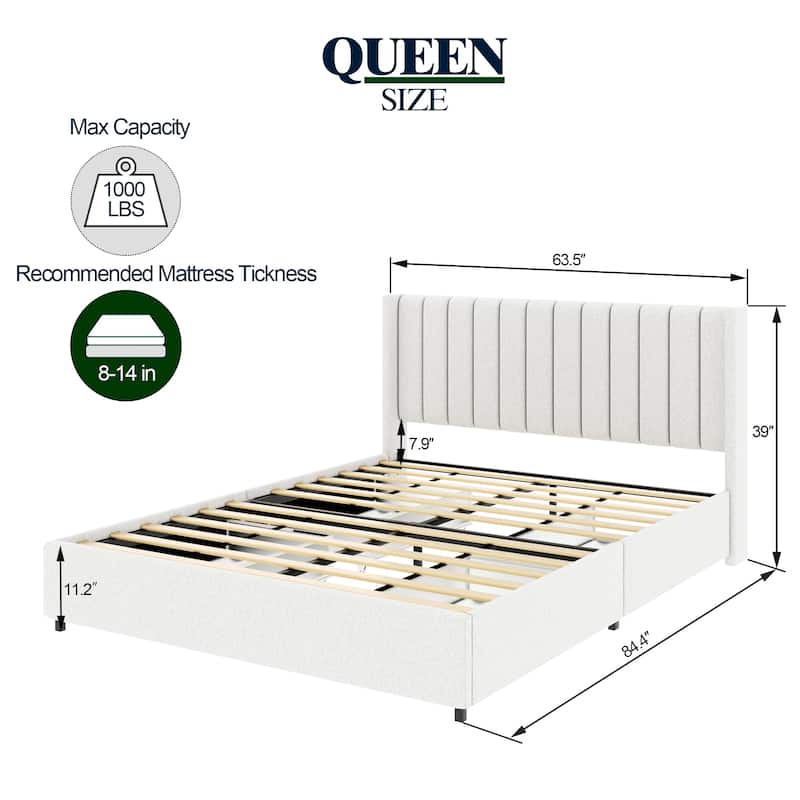 Ivory Boucle Upholstered Platform Bed with Patented 4 Drawers Storage, Tufted Headboard,Queen