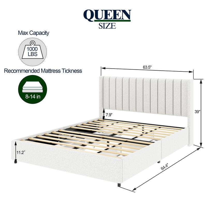 Queen Size Ivory Boucle Platform Bed with Storage Drawers, Tufted Headboard, Wooden Slat Support