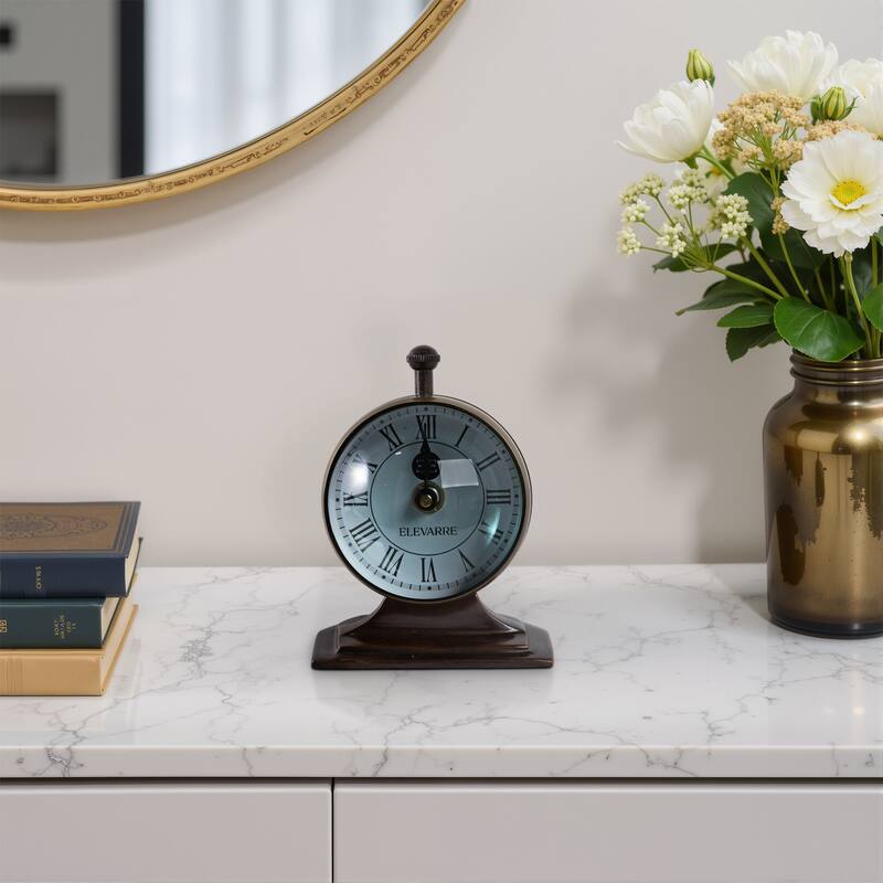 Metal Glass Desk Clock with Glass Lens and Roman Numerals Face on Base - 5" x 5" x 7" - Bronze/ Green