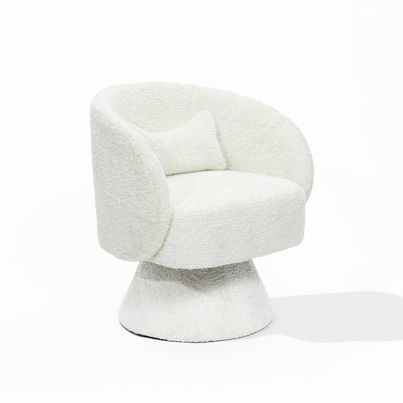 Upholstered Cream Cashmere Club Swivel Chair with Upholstered Cream Wood Base and Pillow - 29.92" H x 27.17" W x 25.59" D