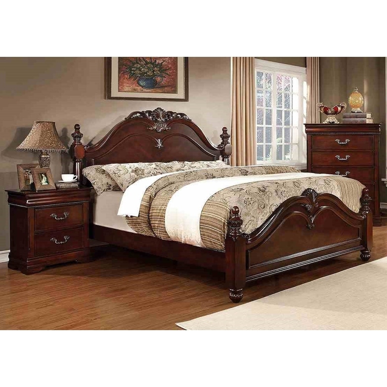 3pc Formal Bed Chest Nightstand Bedroom Set Cherry Finish