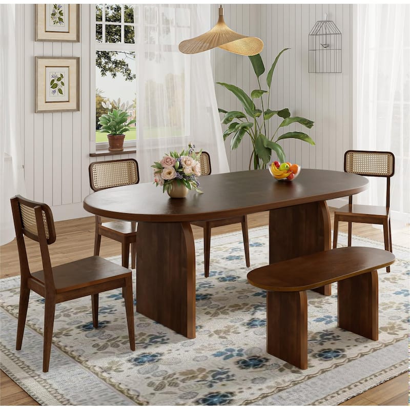 Dining Table Set for 6，Oval Kitchen Table and Rattan-Back Chairs - Brown