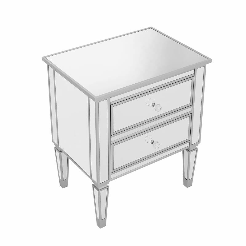 Mirrored Side Table with 2 Drawers, Modern Silver Finished for Living