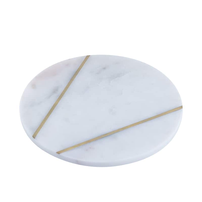 Med. Marble Plate W/BRASS Inlay - White Marble - WHITE