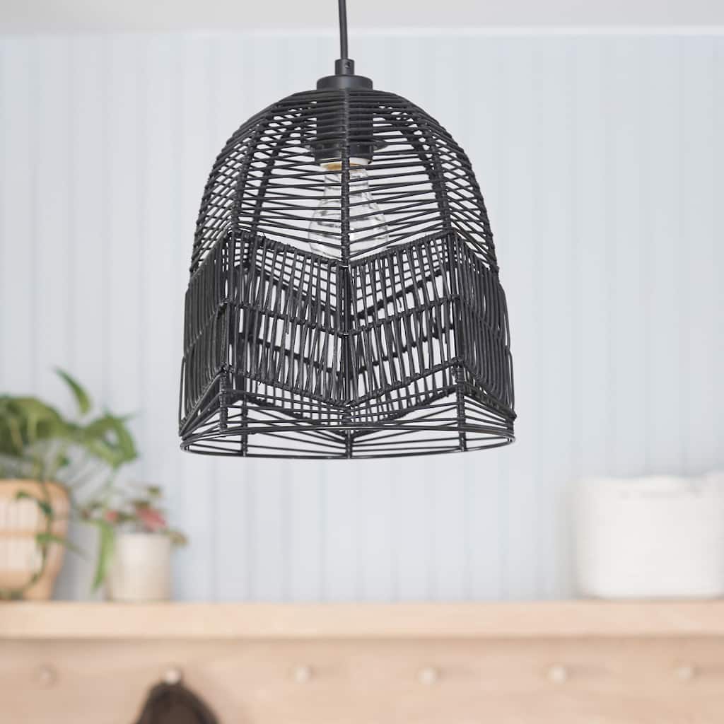Henrietta River of Goods Black Metal and Woven Rattan Hanging Pendant Light - 9.875" x 9.875" x 13/61"