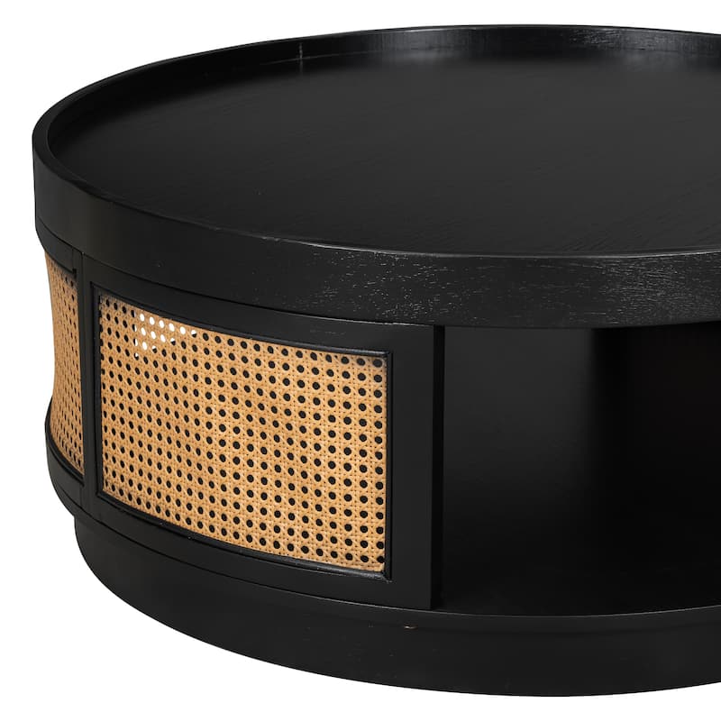 Roomfitters Mid-Century Round Cane Coffee Table with PE Rattan Side, Wooden Accent Table for Living Room