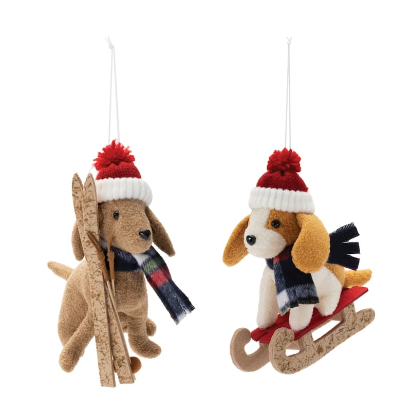Plush Ski and Sled Dog Christmas Ornaments - 7.25" - 6ct