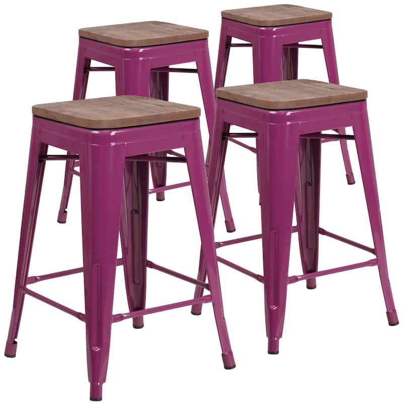 4 Pk. 24" High Backless Counter Height Stool with Square Wood Seat
