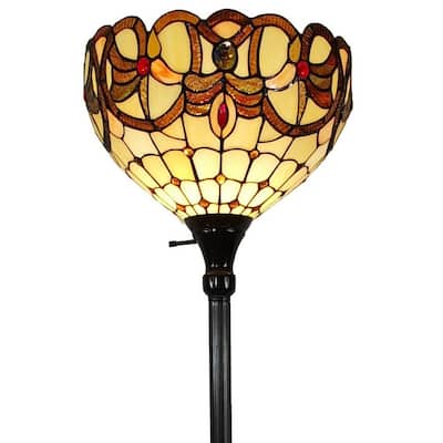Tiffany Style Floor Lamp Torchiere Standing 72" Tall Stained Glass Tan Bedroom Reading Gift AM279FL14B Amora Lighting