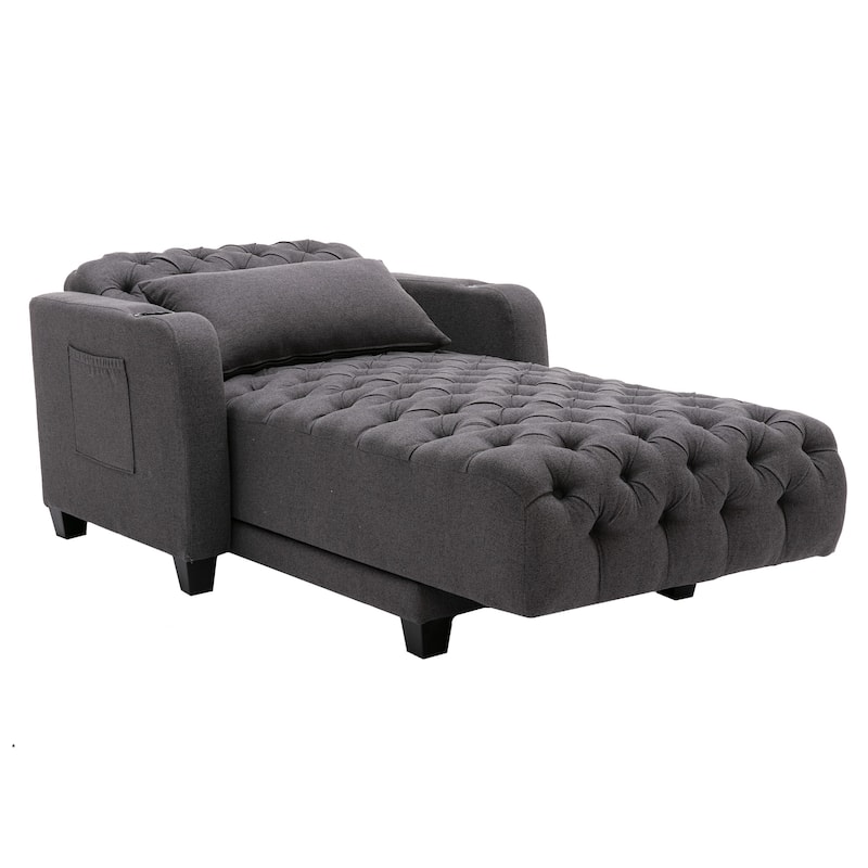 Linen Upholstered Multifunctional Tufted Wireless Charging Leisure Sleeper Armchair with 2 Cup Holders