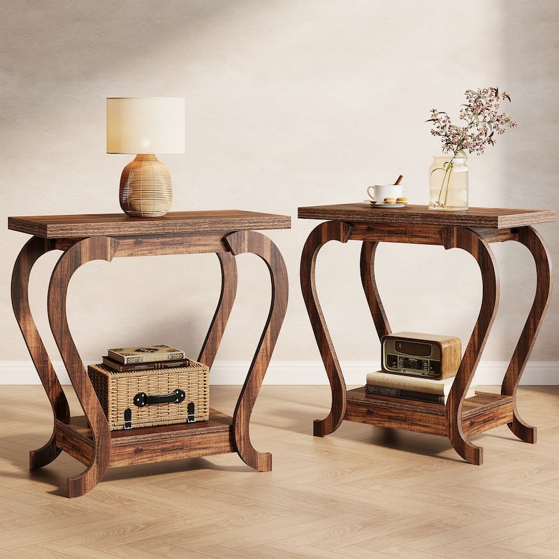 2-Tier End Table, Narrow Wood Side Table with Storage Shelves