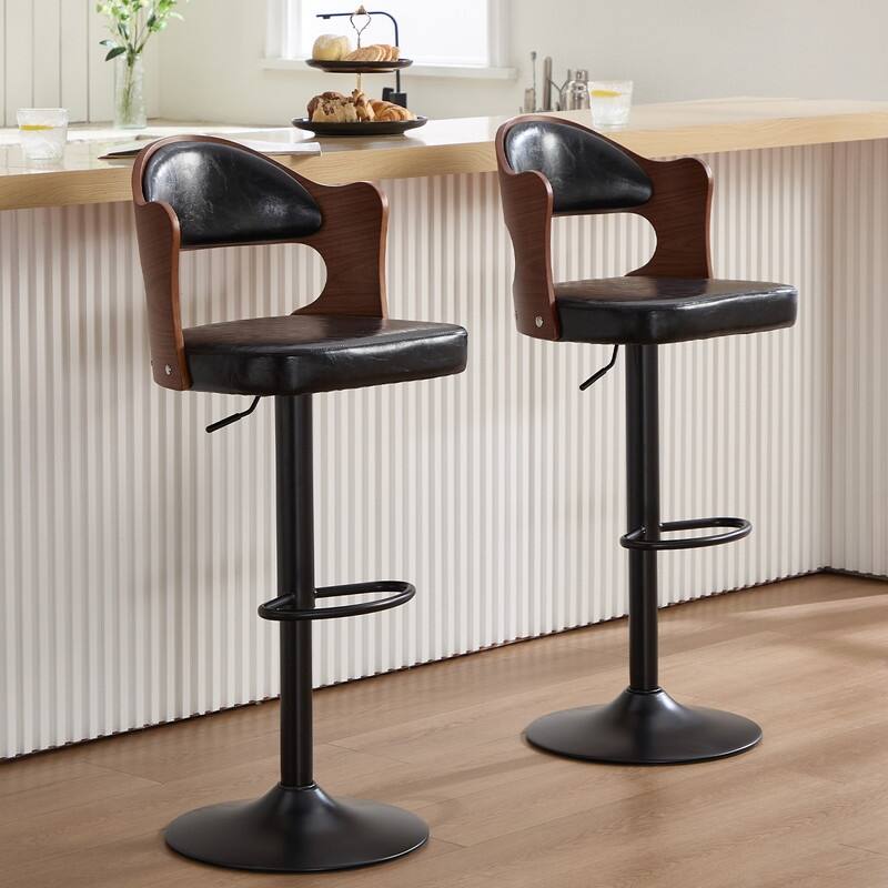 PU Leather Upholstered High-resilience Cushion 360° Swivel Adjustable Height Bar Stools with Footrest(set of 2) - Black