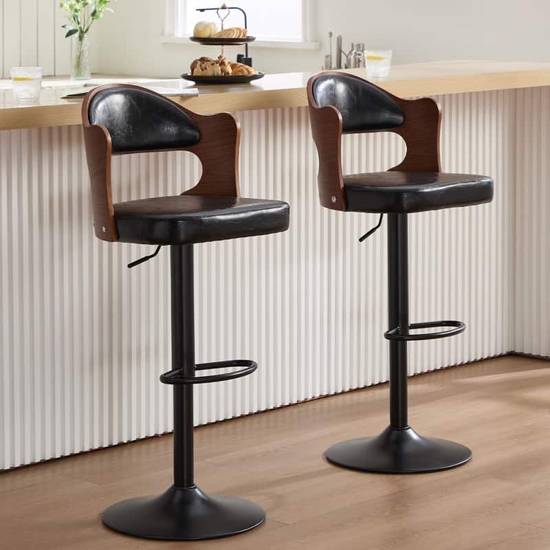 PU Leather Upholstered High-resilience Cushion 360° Swivel Adjustable Height Bar Stools with Footrest(set of 2)
