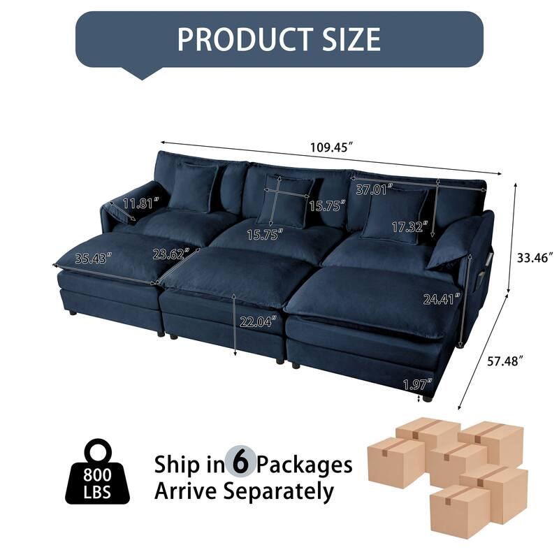 GDFStudio - 6-Piece Modular 109.45" Sectional Sofa with 3 Ottomans & Soft Pillows