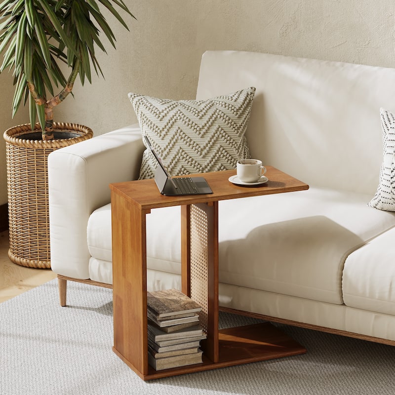 Solid Wood End Table C-Shaped Side Table for Couch - Brown-1PC