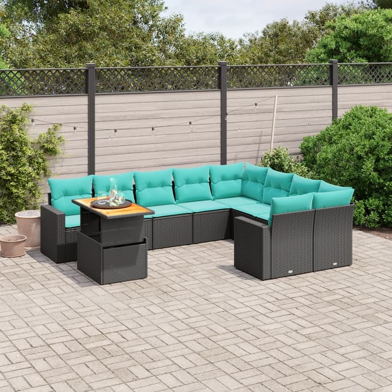 vidaXL Patio Sofa Set with Cushions Outdoor Furniture 10 Piece Poly Rattan - 24.4 x 24.4 x 27.2 - Black and Blue-Table+2 corner+5 middle+2 Sofa