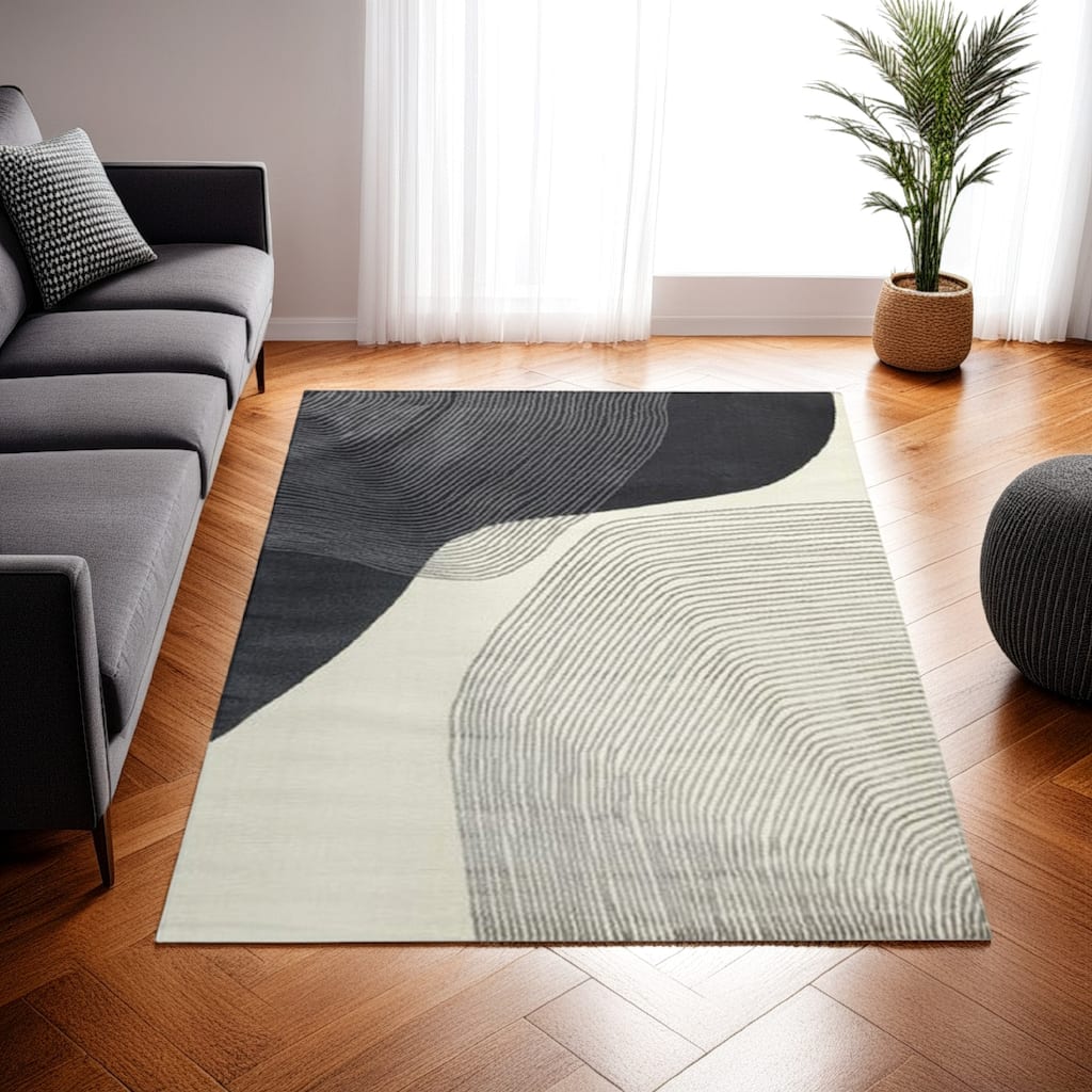 Rosy 5 x 7 Area Rug, Swirling Design, Soft Pile Polyester, Black Gray Beige - 5' x 7'