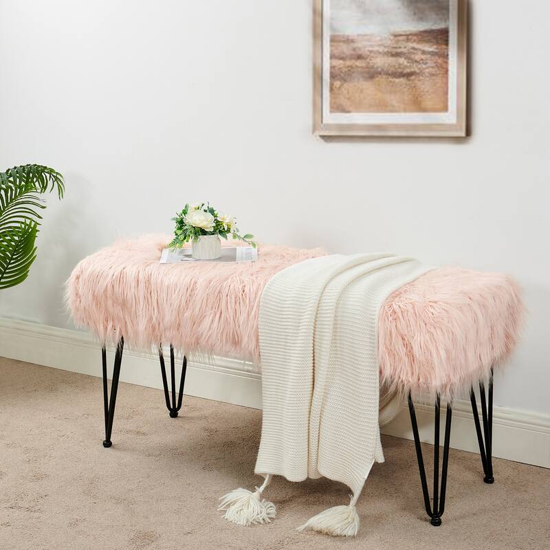 Home Soft Things Mongolian Fauxfur Ottoman 46"x16"x22" with Table Legs - 46" x 16" x 22" - ROSE