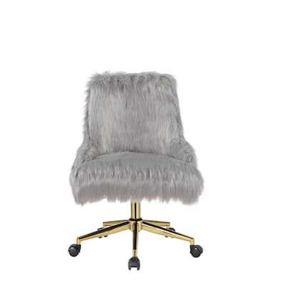 Modern High-End Luxury Style 360 Degree Swivel Adjustable Seat Height Faux Fur Office Chair, 5-Star Base with Caster Wheels