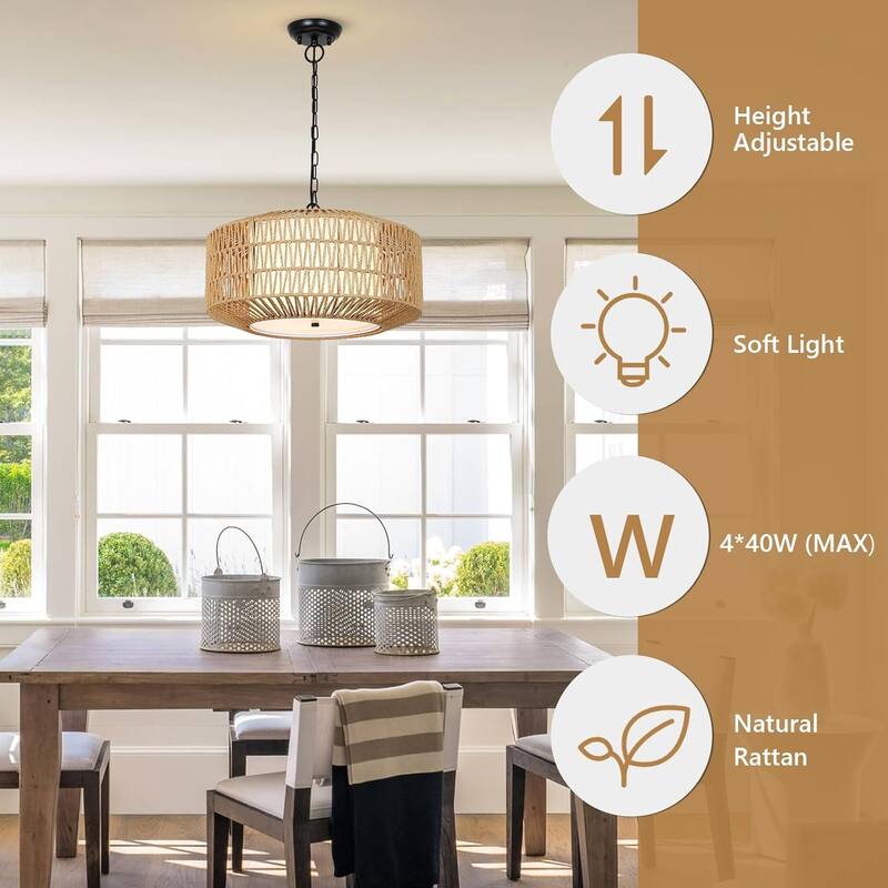 Farmhouse Chandelier Light Fixture,4-Light Rattan Chandeliers with Fabric Shade,Hand Woven Large Rattan Light Fixture