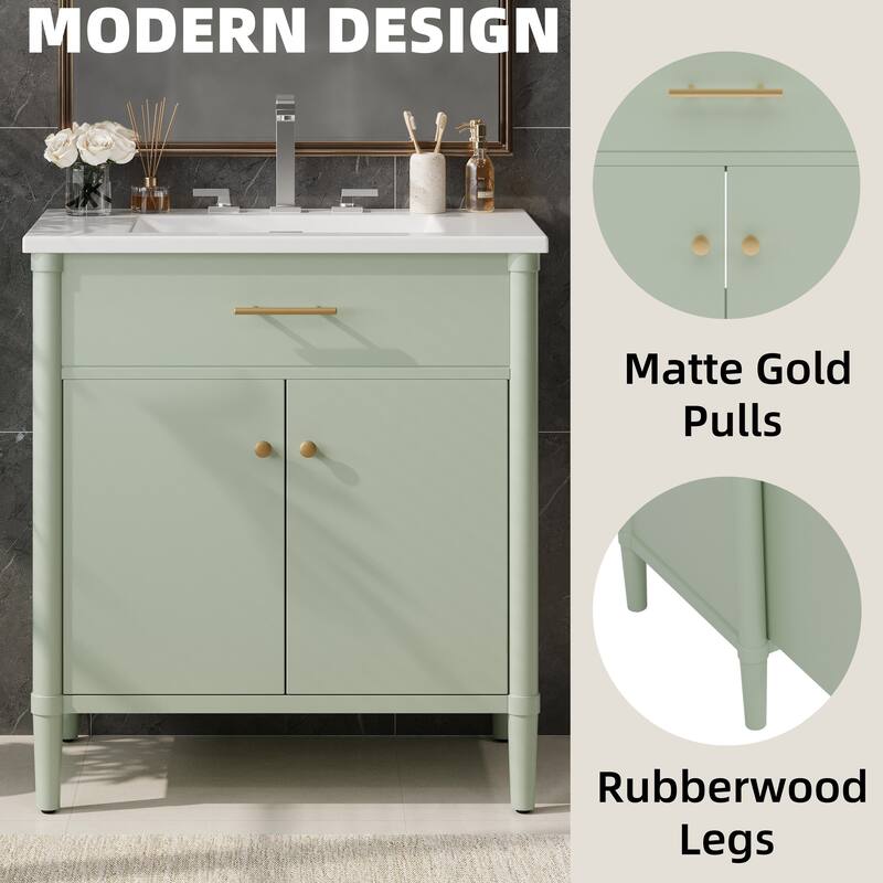 Bathroom Vanity with Ceramic Sink, Wooden Bathroom Storage Cabinet, Bathroom Cabinet with Soft Close Doors & Adjustable Shelf