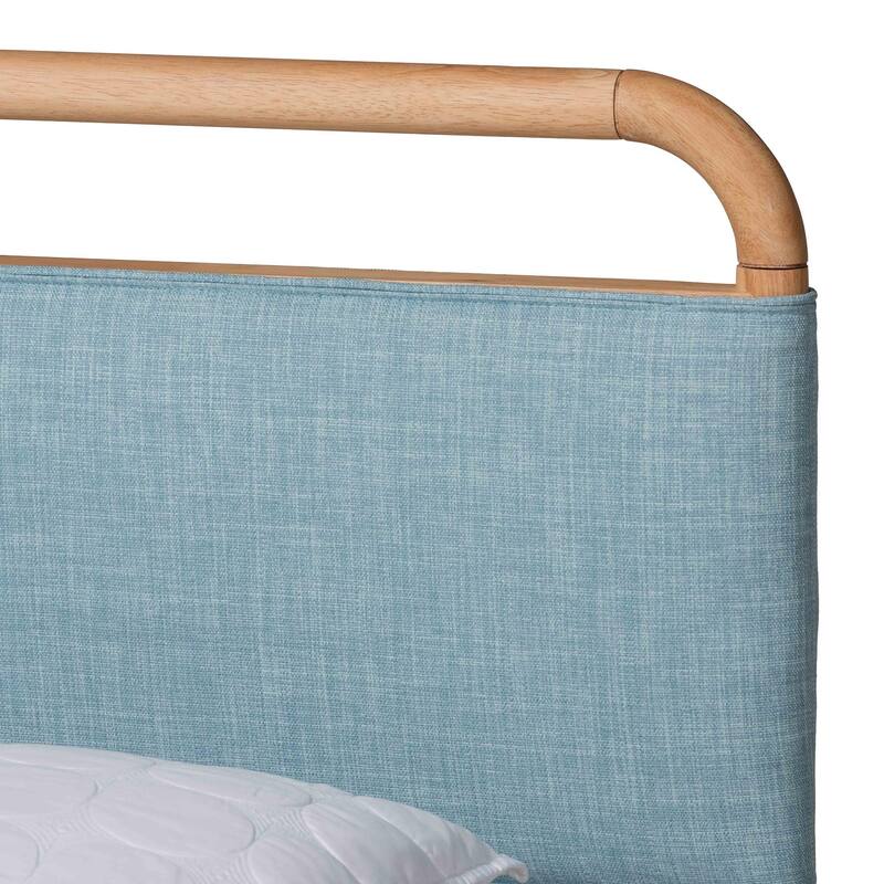 Mateo Modern and Contemporary Baby Blue Fabric and Natural Wood Queen Size Platform Bed