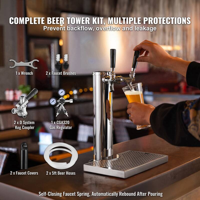 Kegerator Tower Kit, Beer Conversion Kit, Stainless Steel Keg Beer Tower Dispenser with Dual Gauge CGA320 Regulator