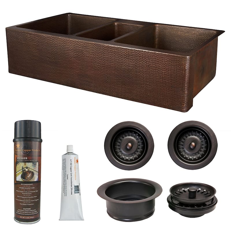 42-in Hammered Copper Kitchen Apron Triple Basin Sink w/ Matching Drains and Accessories (KSP3_KATDB422210)