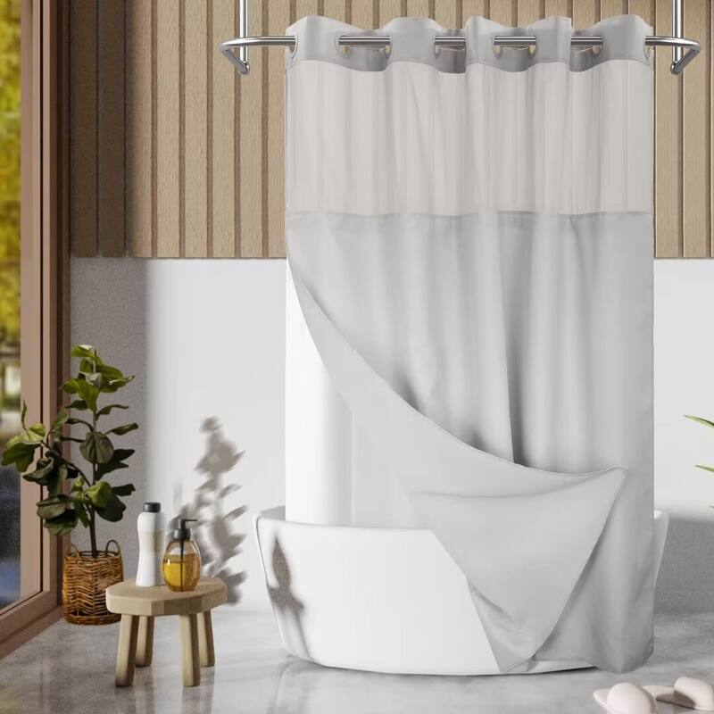 No Hook Slub Linen Texture Shower Curtain with PEVA Snap-in Liner